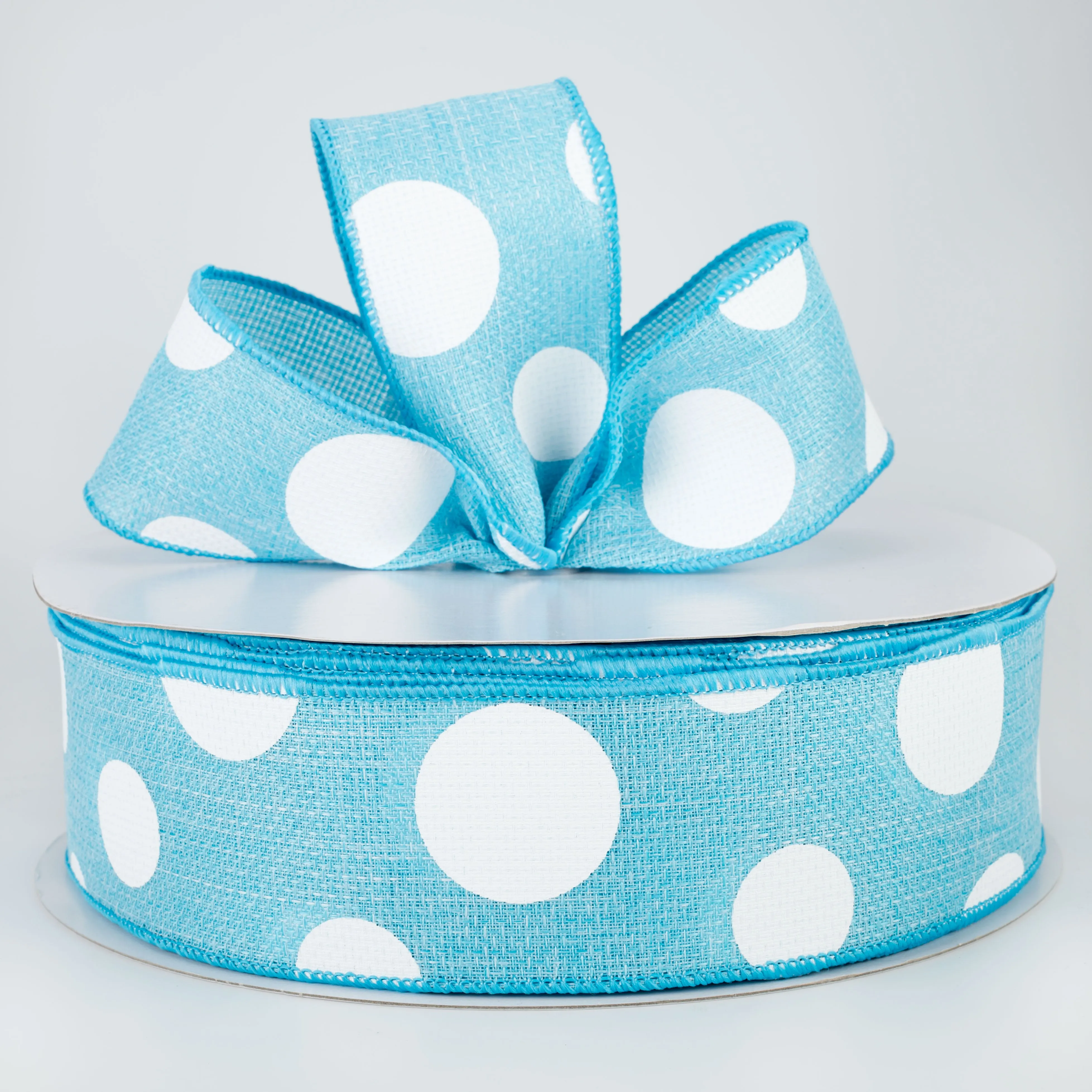 2.5" Faux Burlap Giant Polka Dot Ribbon: Light Blue & White (50 Yards)