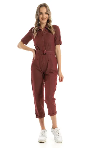 97110 Classic Collar Patterned Burgundy Jumpsuit