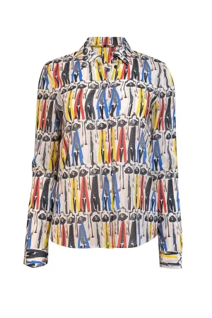 Alice & Olivia - White w/ Red, Yellow, & Blue Model Print Shirt Sz S