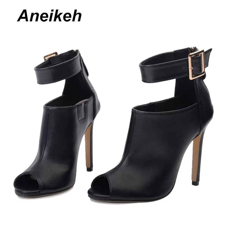 Aneikeh Gladiator Women Pumps Ladies Sexy Buckle Strap Roman High Heels Open Toe Sandals Party Wedding Shoes Size 35-40 Black