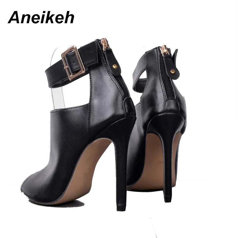 Aneikeh Gladiator Women Pumps Ladies Sexy Buckle Strap Roman High Heels Open Toe Sandals Party Wedding Shoes Size 35-40 Black