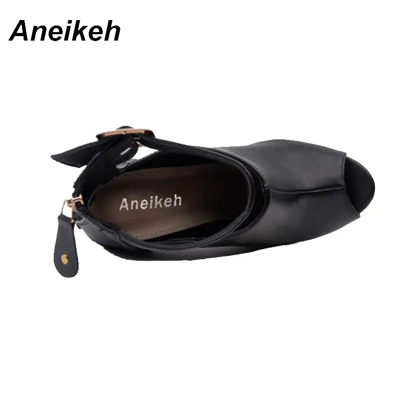 Aneikeh Gladiator Women Pumps Ladies Sexy Buckle Strap Roman High Heels Open Toe Sandals Party Wedding Shoes Size 35-40 Black