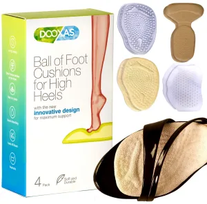 Ball of Foot and Heel Cushions for High Heels Shoes Metatarsal Pads for Women 4-Pack – Soft Gel Shoe Inserts Relieve Foot Pain – an Innovative Insoles Shape Design Adhesive Comfort Set by Dooxas