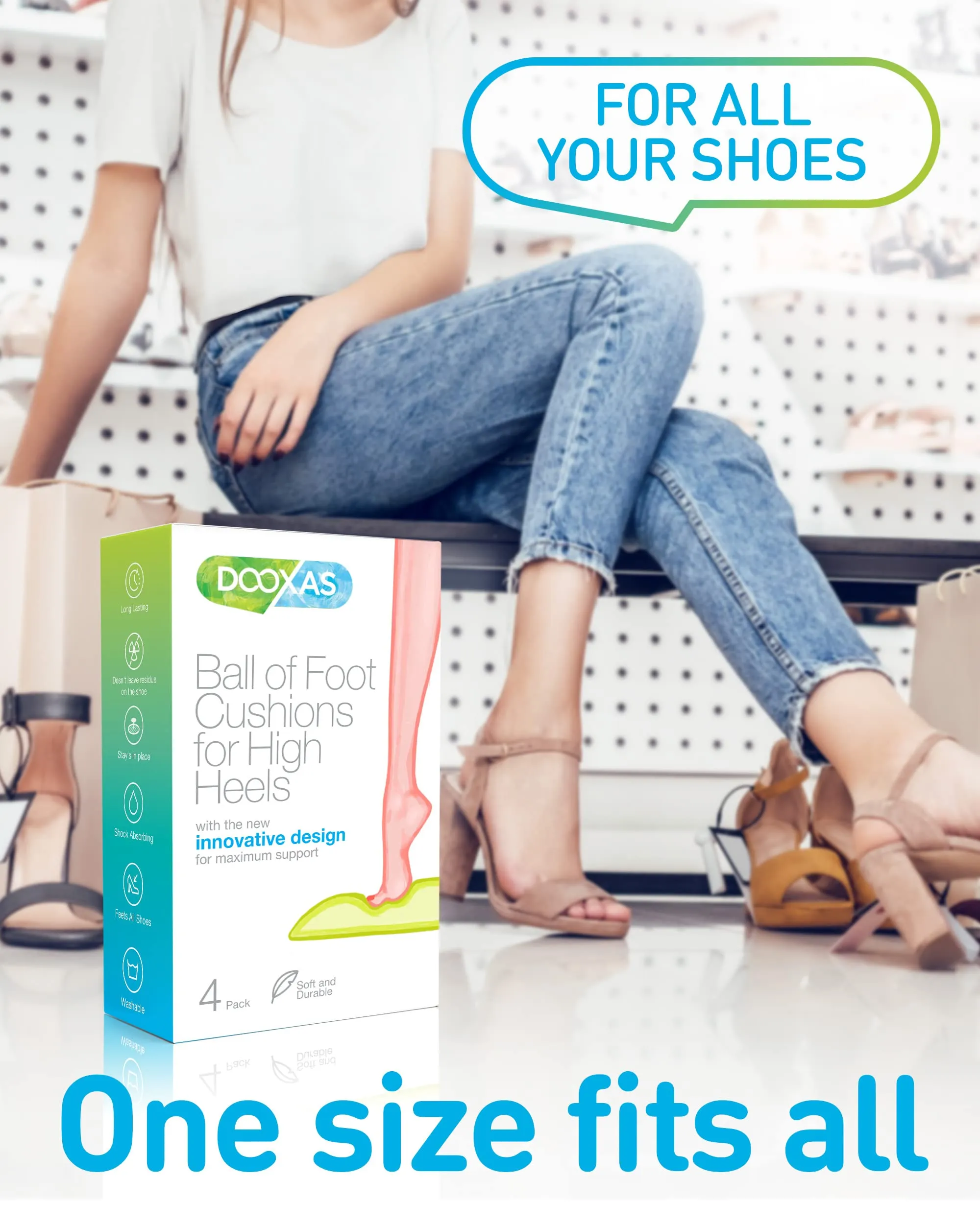 Ball of Foot and Heel Cushions for High Heels Shoes Metatarsal Pads for Women 4-Pack – Soft Gel Shoe Inserts Relieve Foot Pain – an Innovative Insoles Shape Design Adhesive Comfort Set by Dooxas