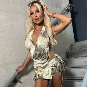 Beige Halter Neck Crop Top And Mini Skirt Co Ord Set