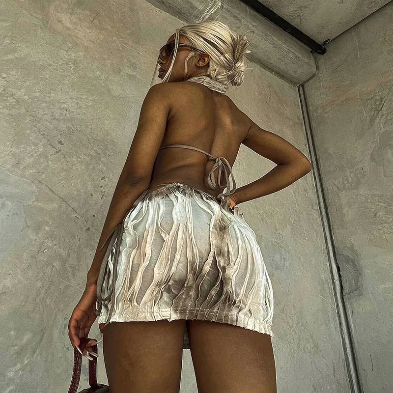 Beige Halter Neck Crop Top And Mini Skirt Co Ord Set