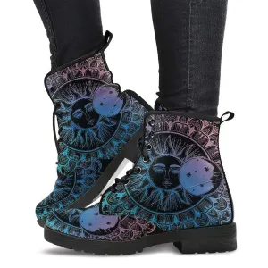 Combat Boots for Women - Mandala Sun Moon | Unique Custom Faux Leather Shoes, Cruelty-free Vegan Handmade Lace Up