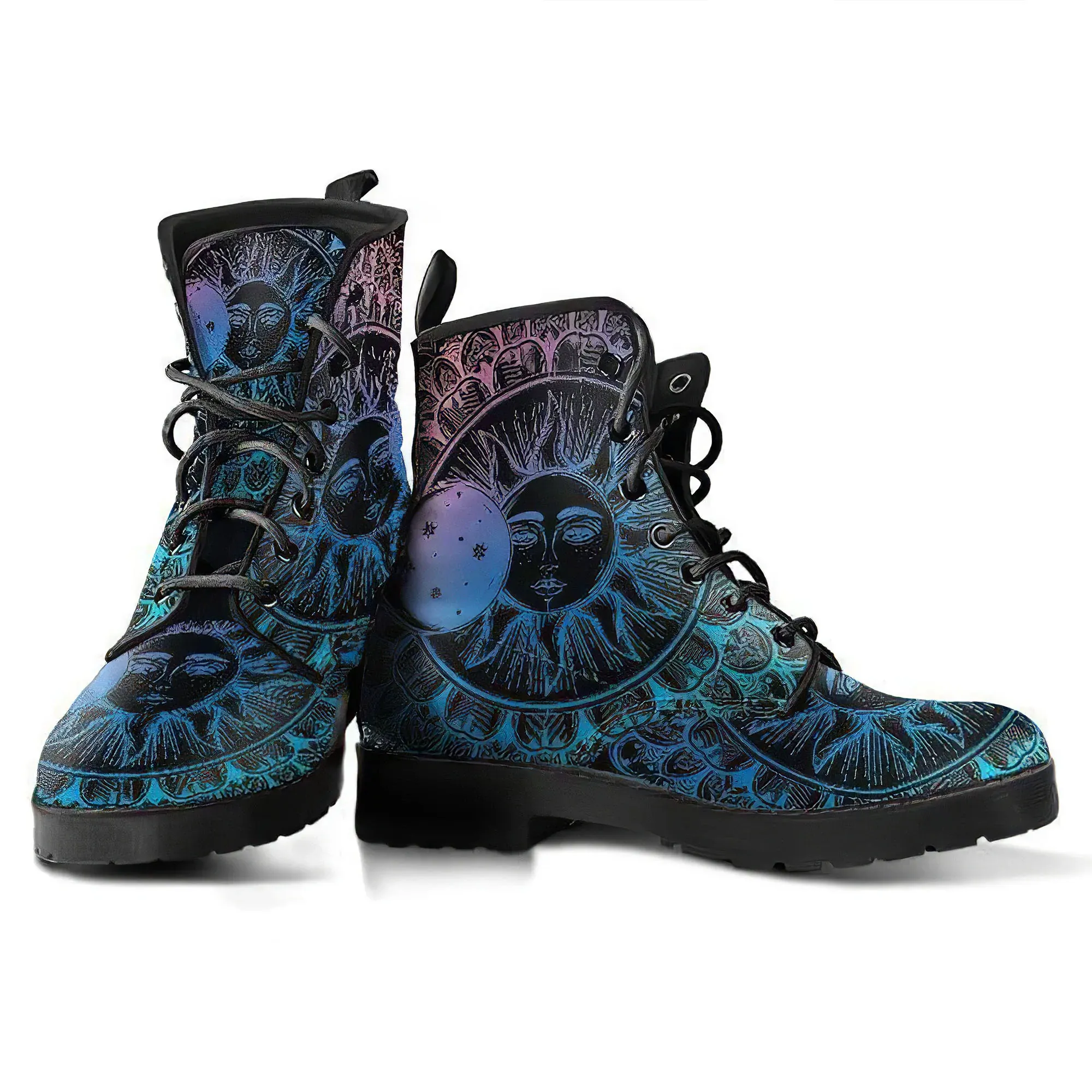 Combat Boots for Women - Mandala Sun Moon | Unique Custom Faux Leather Shoes, Cruelty-free Vegan Handmade Lace Up