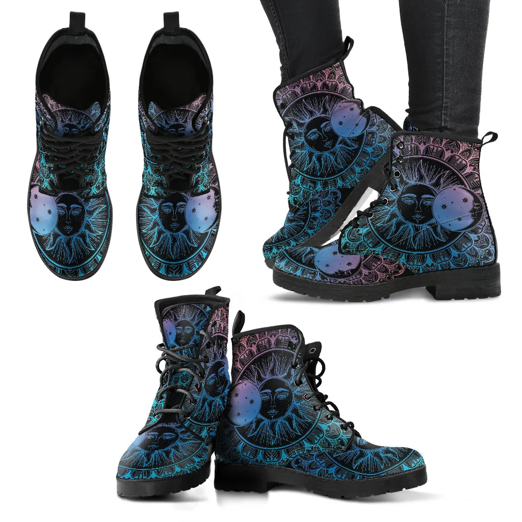 Combat Boots for Women - Mandala Sun Moon | Unique Custom Faux Leather Shoes, Cruelty-free Vegan Handmade Lace Up