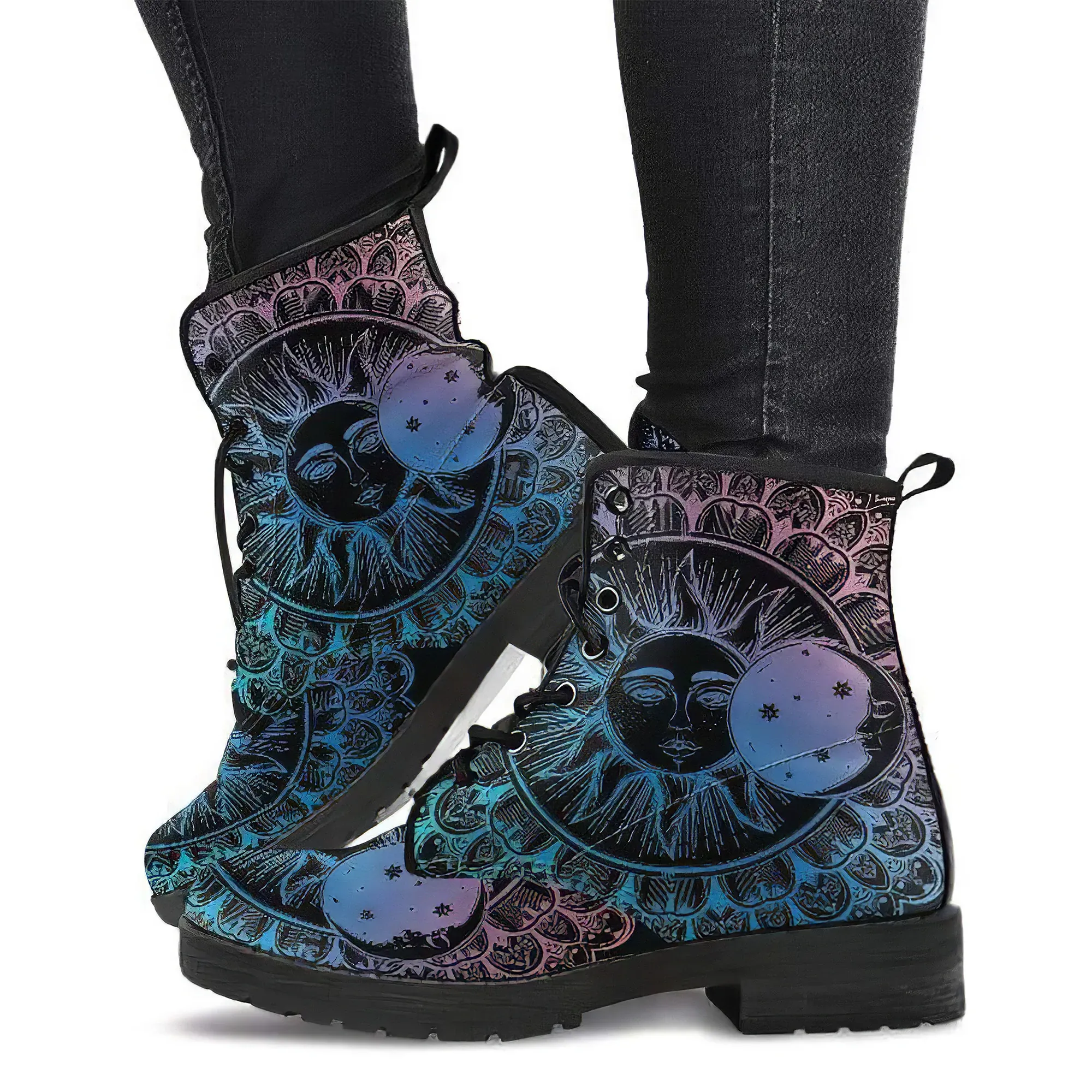 Combat Boots for Women - Mandala Sun Moon | Unique Custom Faux Leather Shoes, Cruelty-free Vegan Handmade Lace Up