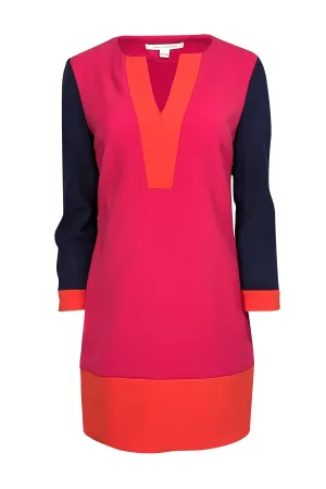 Diane von Furstenberg - Pink, Orange, & Navy Crepe Colorblock Dress Sz 6