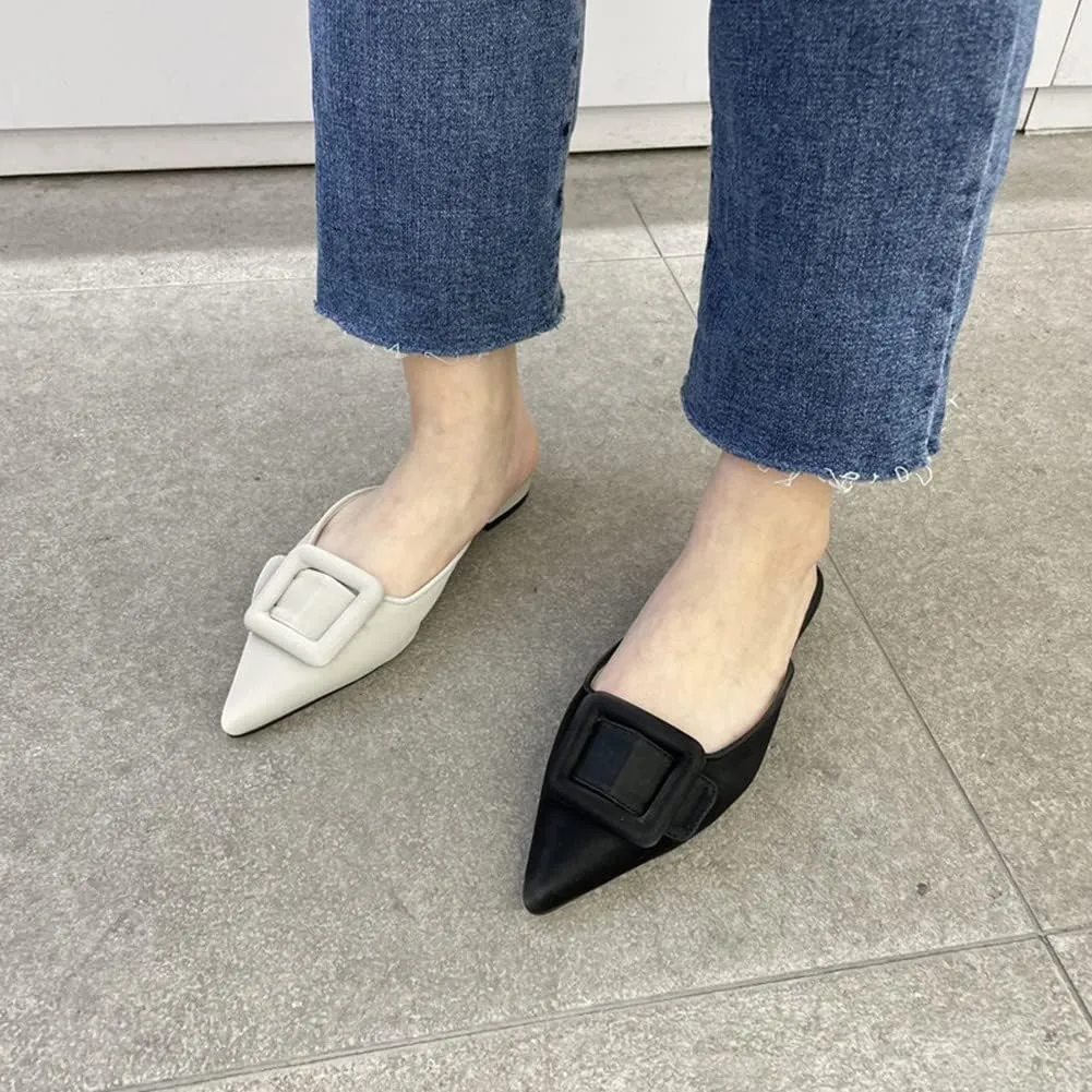 Divanne Mules for Women, Buckle Flat Mules Pointed Toe Backless Mule Slides Suede Slip On Loafers