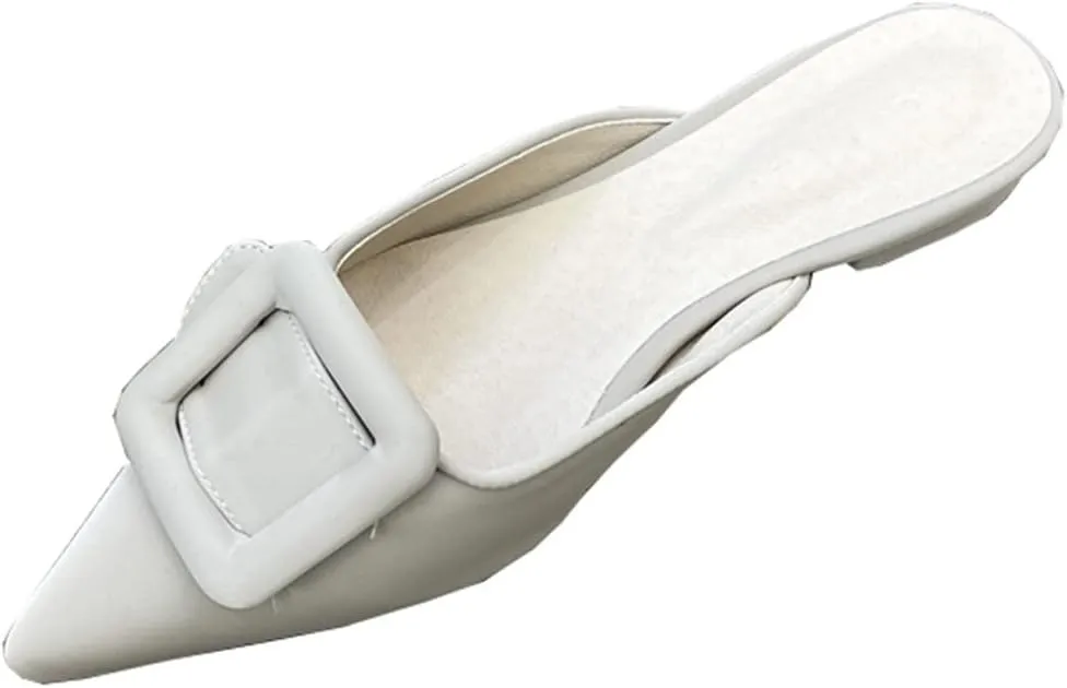 Divanne Mules for Women, Buckle Flat Mules Pointed Toe Backless Mule Slides Suede Slip On Loafers