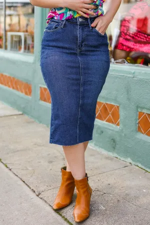 Easy To Love Dark Denim High Rise Back Slit Midi Length Skirt (Open Pack)