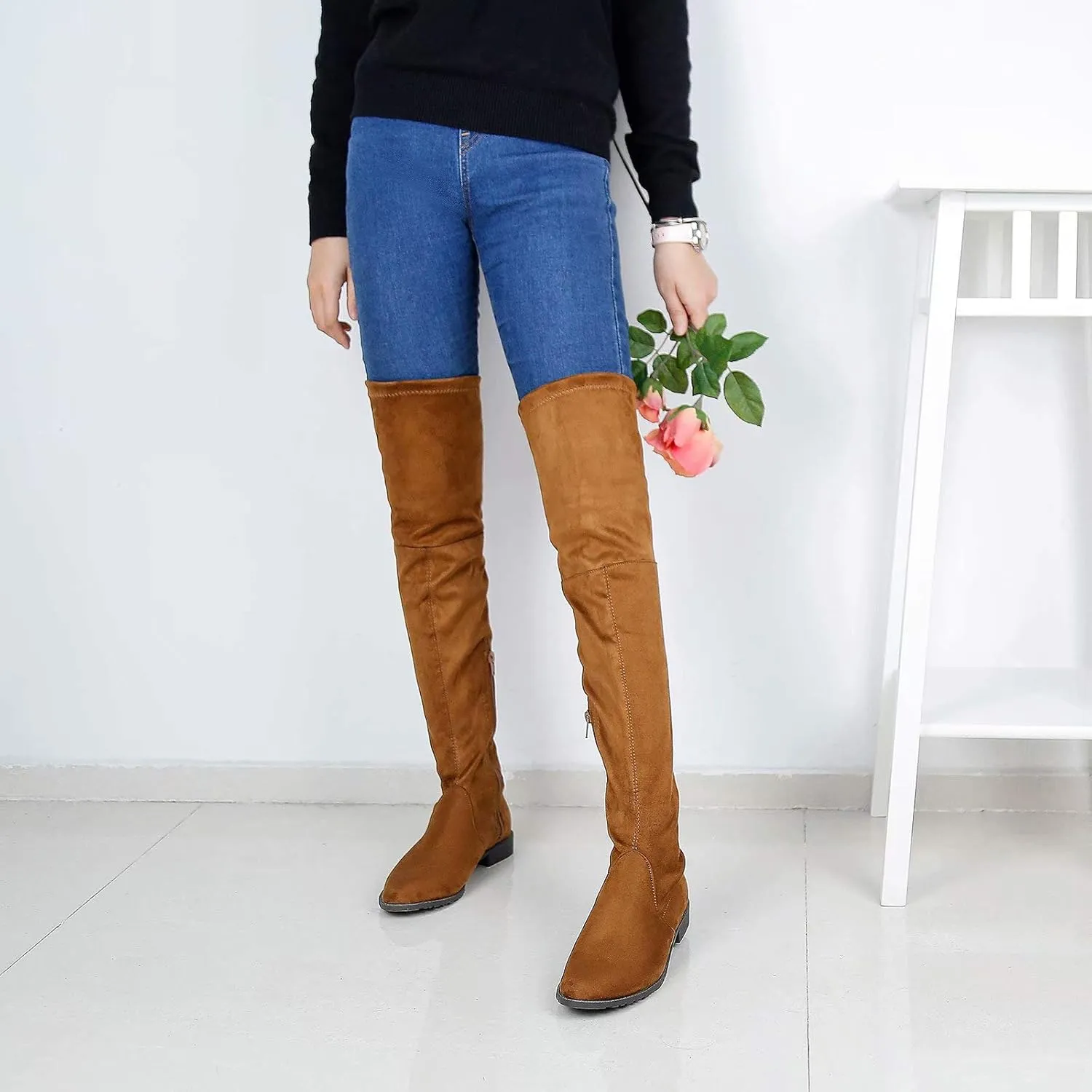 Greatonu Women's Over Knee High Boots Warm Winter Long Boot with Side Zipper Back Lace Fashion Thigh High Boots