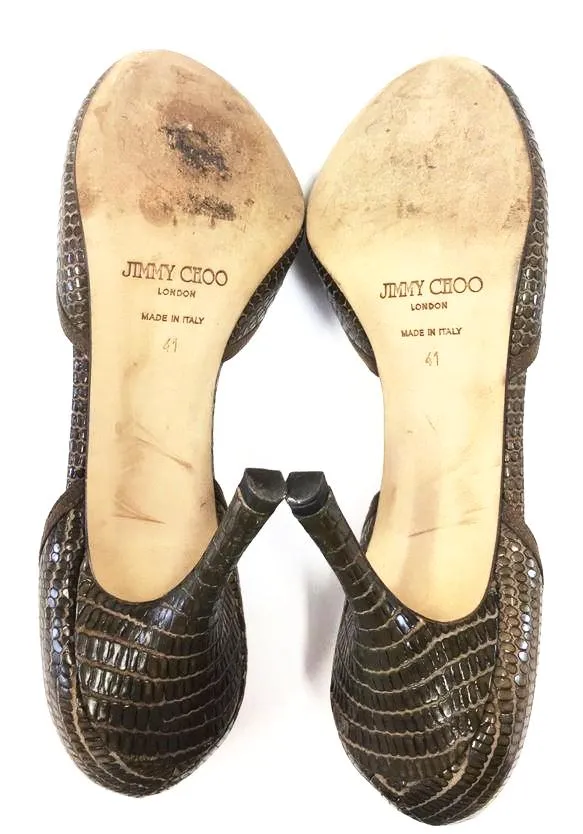 JIMMY CHOO REPTILE EMBOSSED LEATHER PEEP TOE CUT-OUT D'ORSAY PUMPS SIZE 41