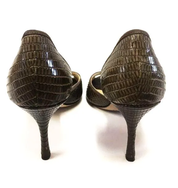 JIMMY CHOO REPTILE EMBOSSED LEATHER PEEP TOE CUT-OUT D'ORSAY PUMPS SIZE 41