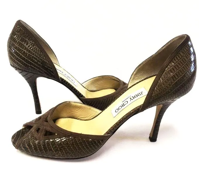 JIMMY CHOO REPTILE EMBOSSED LEATHER PEEP TOE CUT-OUT D'ORSAY PUMPS SIZE 41