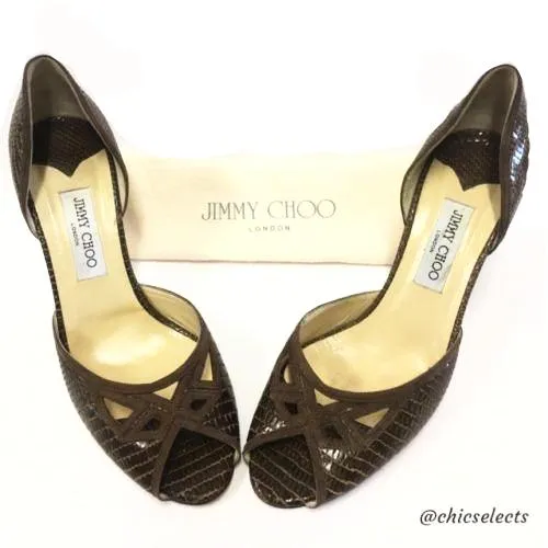 JIMMY CHOO REPTILE EMBOSSED LEATHER PEEP TOE CUT-OUT D'ORSAY PUMPS SIZE 41