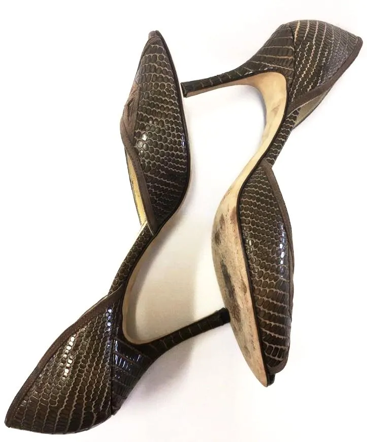 JIMMY CHOO REPTILE EMBOSSED LEATHER PEEP TOE CUT-OUT D'ORSAY PUMPS SIZE 41