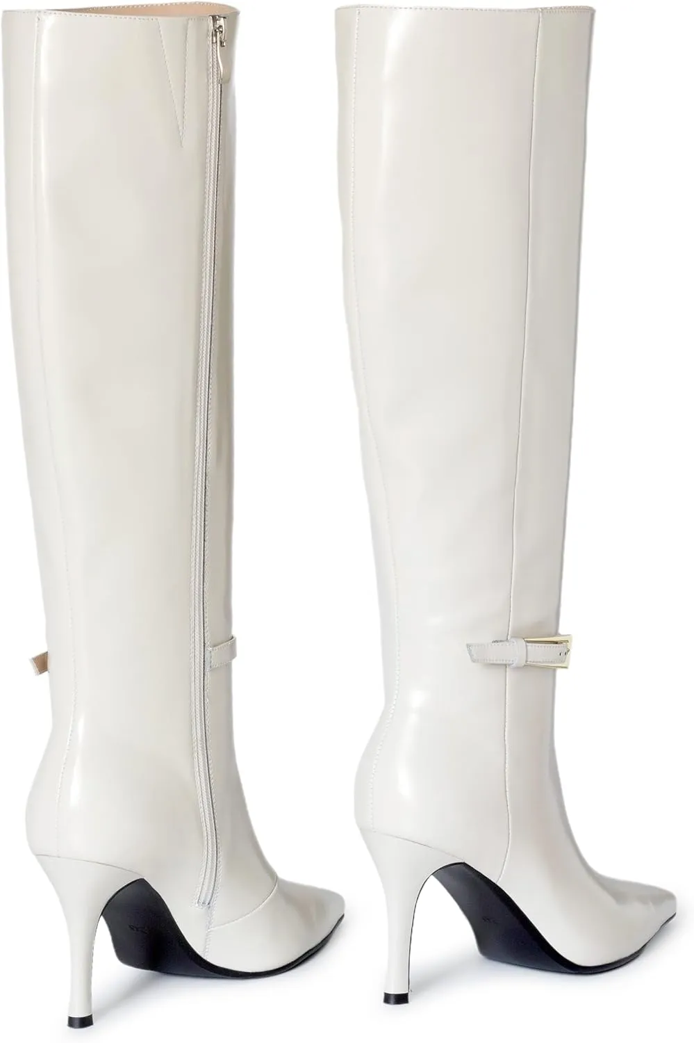 Knee High Boots Women Stiletto High Heel 3.3in, Side Zipper Pointed Toe Metal Buckle Tall Boots Dress Boots for Women, Comfortable Faux Leather Below the Knee Long Boots