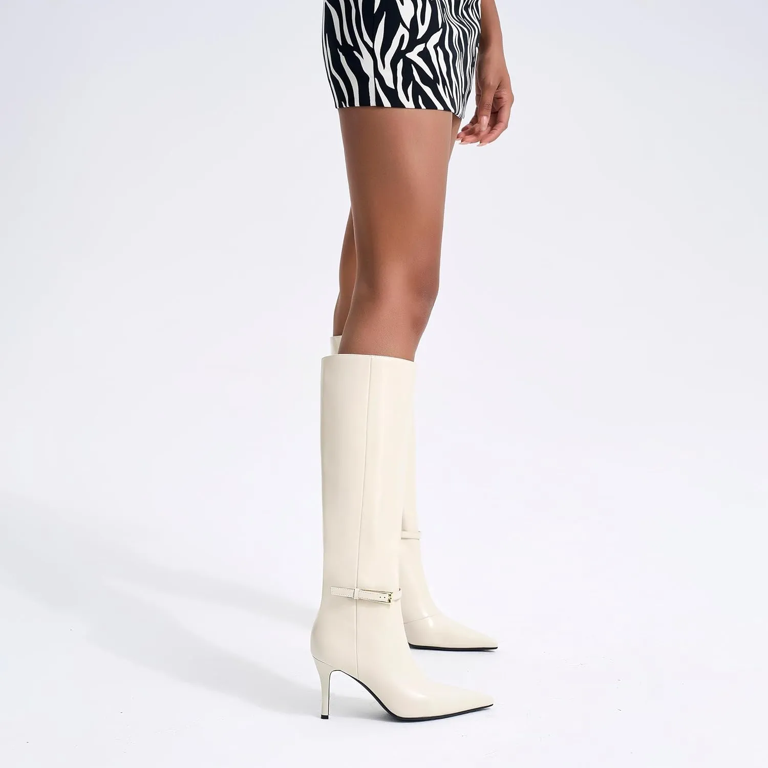 Knee High Boots Women Stiletto High Heel 3.3in, Side Zipper Pointed Toe Metal Buckle Tall Boots Dress Boots for Women, Comfortable Faux Leather Below the Knee Long Boots