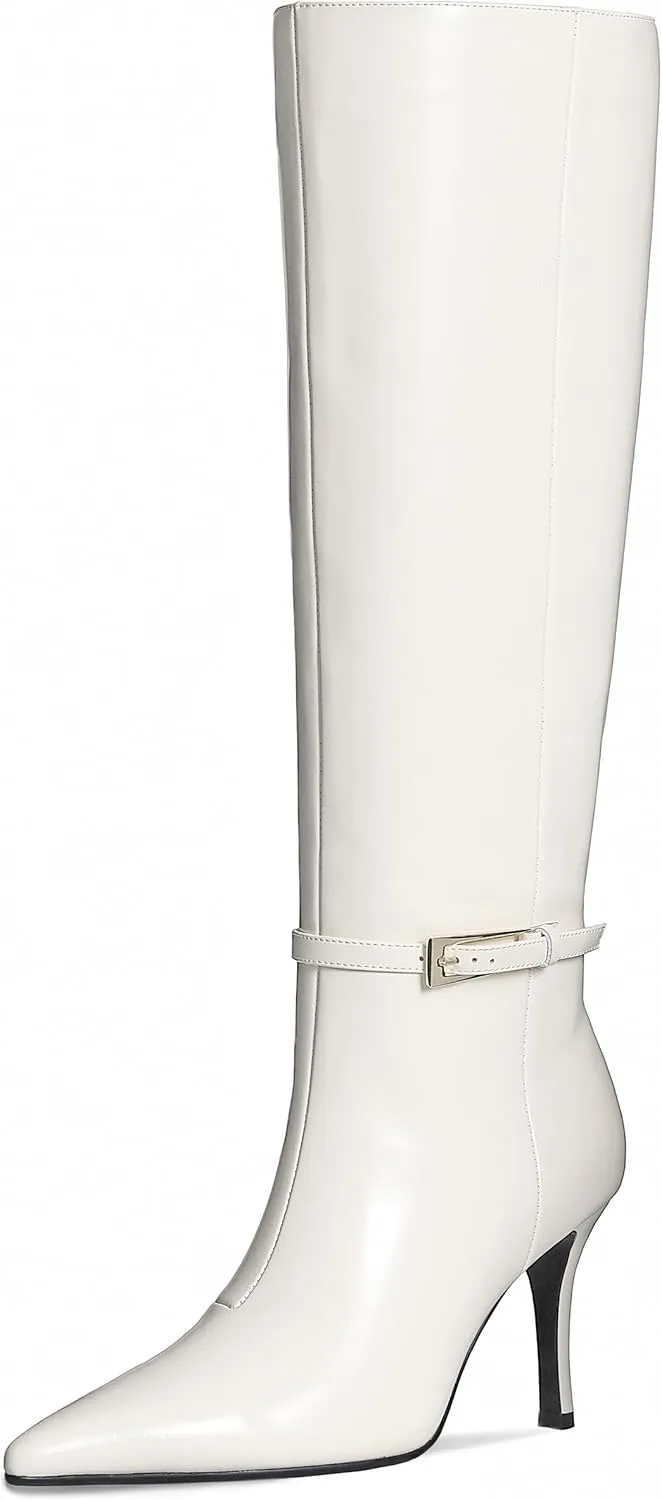 Knee High Boots Women Stiletto High Heel 3.3in, Side Zipper Pointed Toe Metal Buckle Tall Boots Dress Boots for Women, Comfortable Faux Leather Below the Knee Long Boots