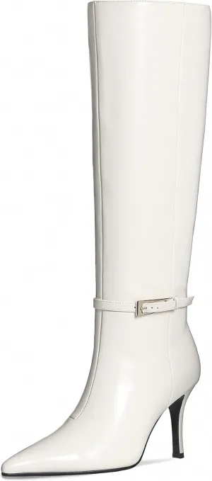 Knee High Boots Women Stiletto High Heel 3.3in, Side Zipper Pointed Toe Metal Buckle Tall Boots Dress Boots for Women, Comfortable Faux Leather Below the Knee Long Boots