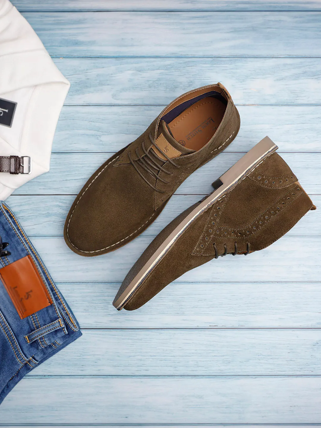 Olive Green Italian Suede Leather British Stitch Down Brogue Chukka Boots