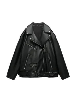 Oversized Biker Style Faux leather Jacket with Belt