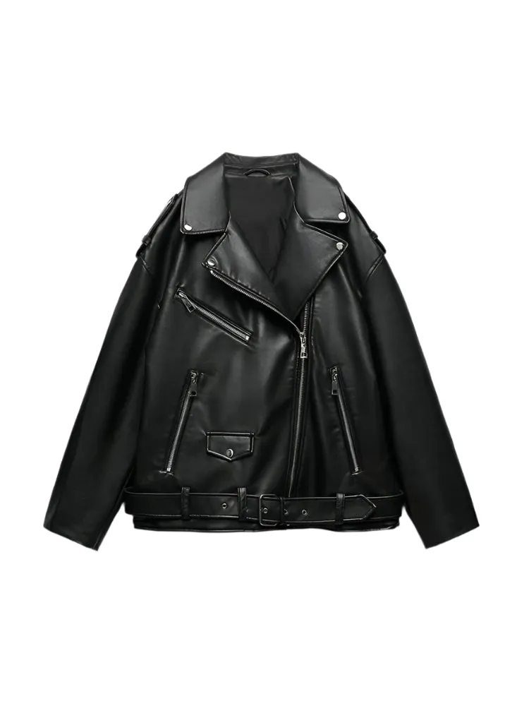 Oversized Biker Style Faux leather Jacket with Belt