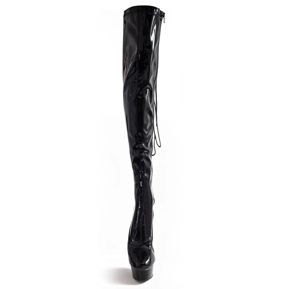 Pleaser Delight Corset Back Stiletto Thigh Boots - Patent Black