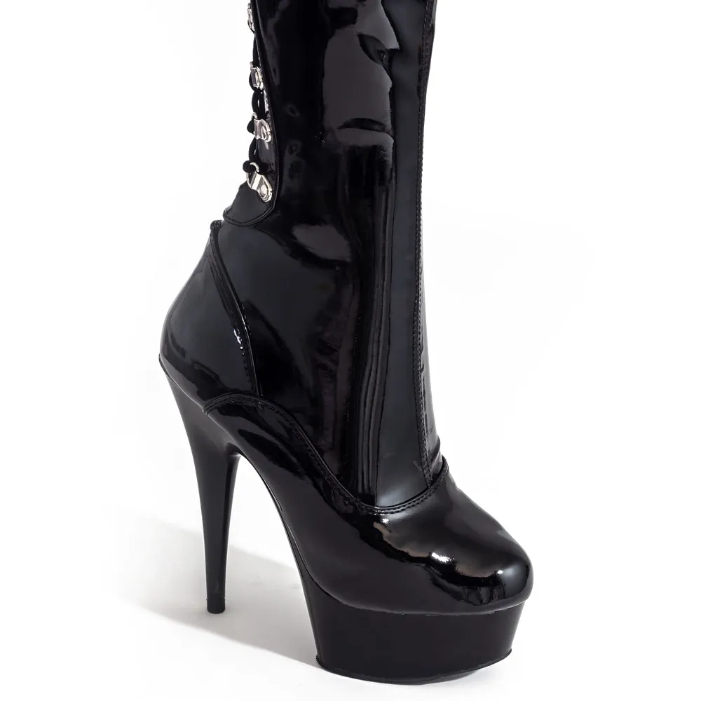 Pleaser Delight Corset Back Stiletto Thigh Boots - Patent Black