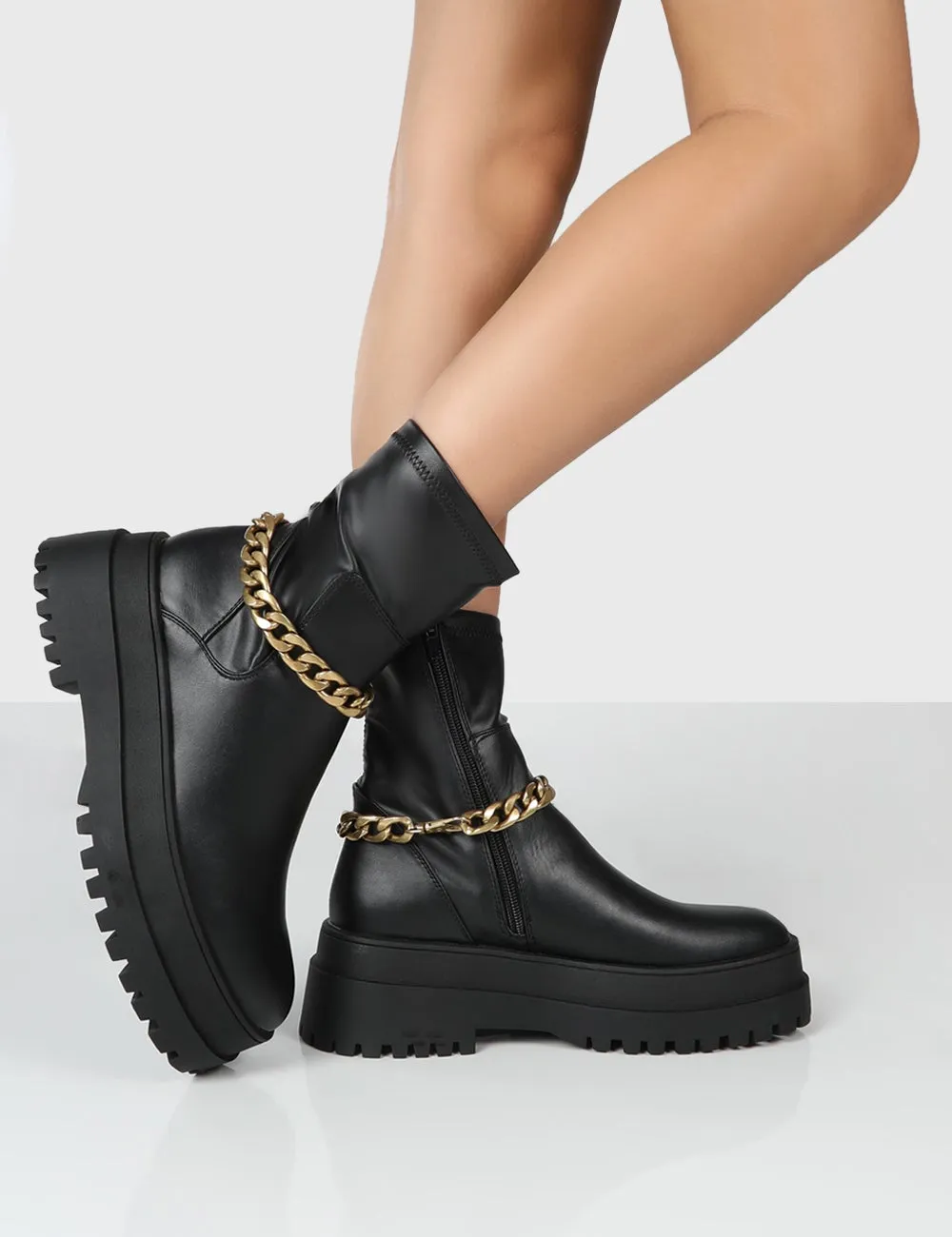 Tessa Black Chunky Chain Detail Ankle Boots