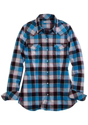 Tin Haul Womens 1330 Hot Buffalo Checks Blue 100% Cotton L/S Shirt
