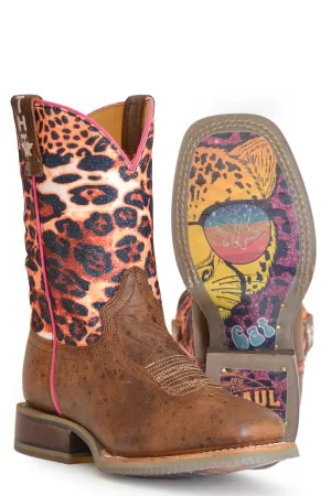 Tin Haul Youth Girls Brown Leather Cheetah Sparkles Cowboy Boots
