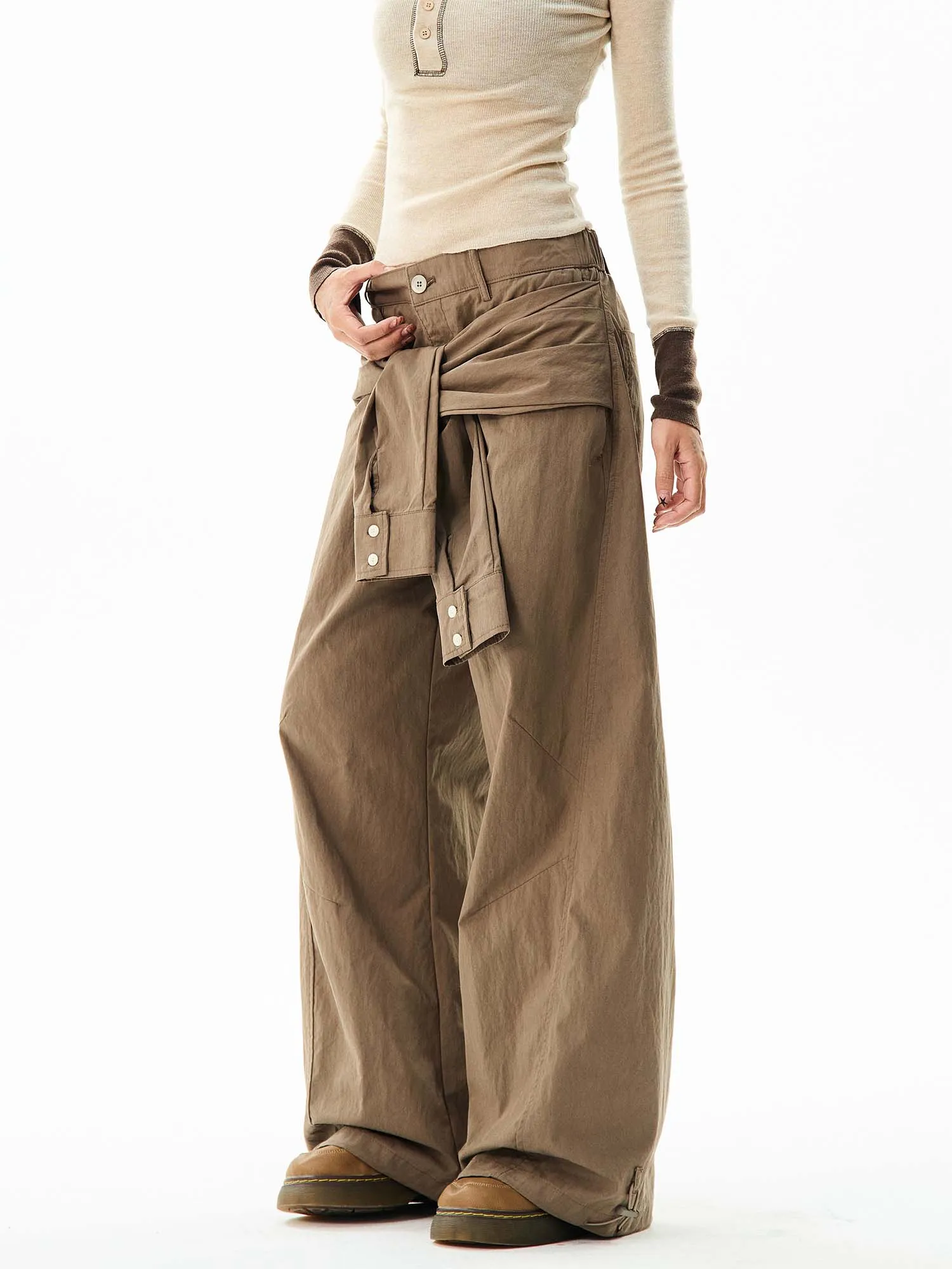 Wide-Leg Cargo Pants with Wraparound Belt Detail