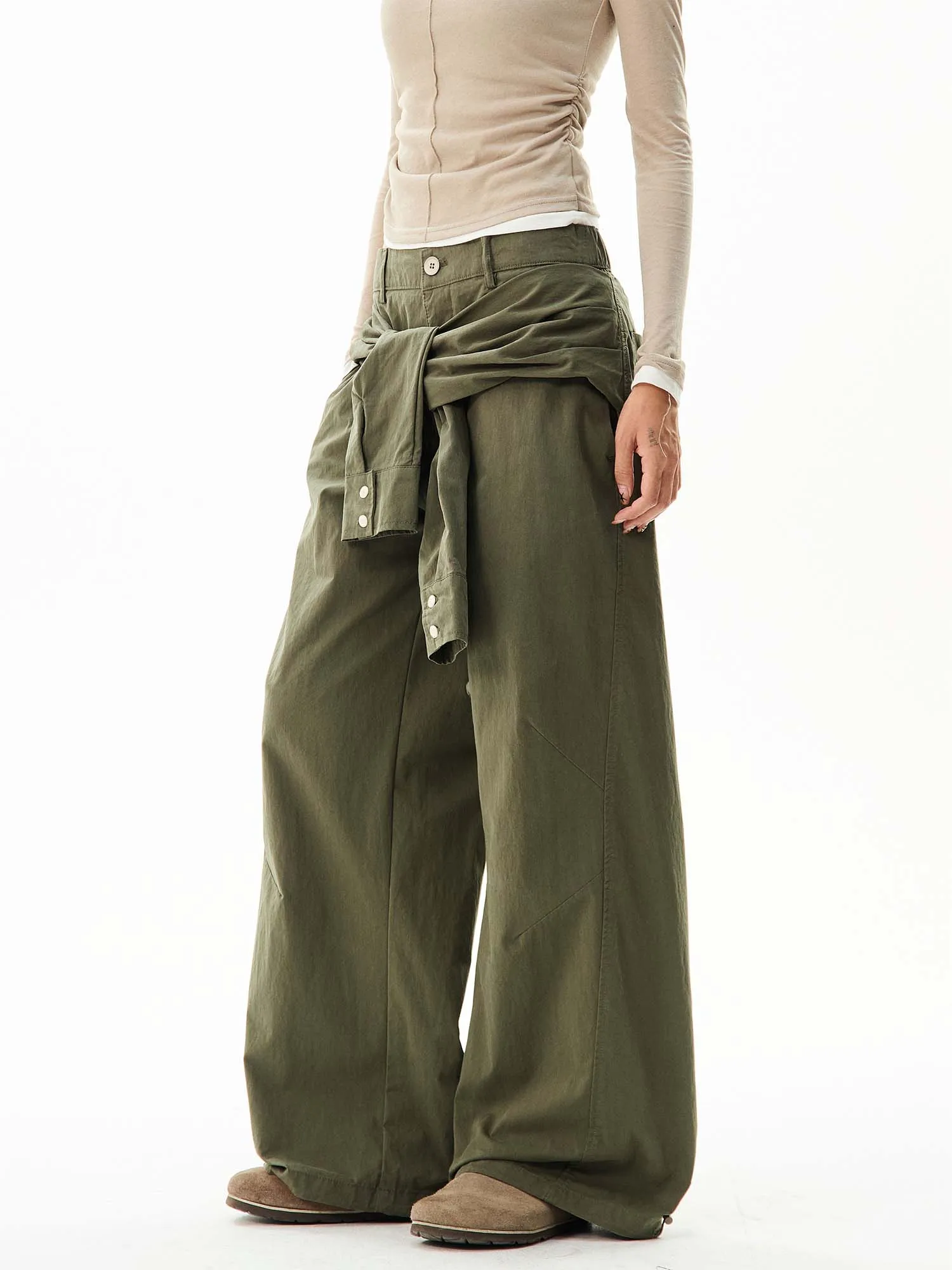 Wide-Leg Cargo Pants with Wraparound Belt Detail