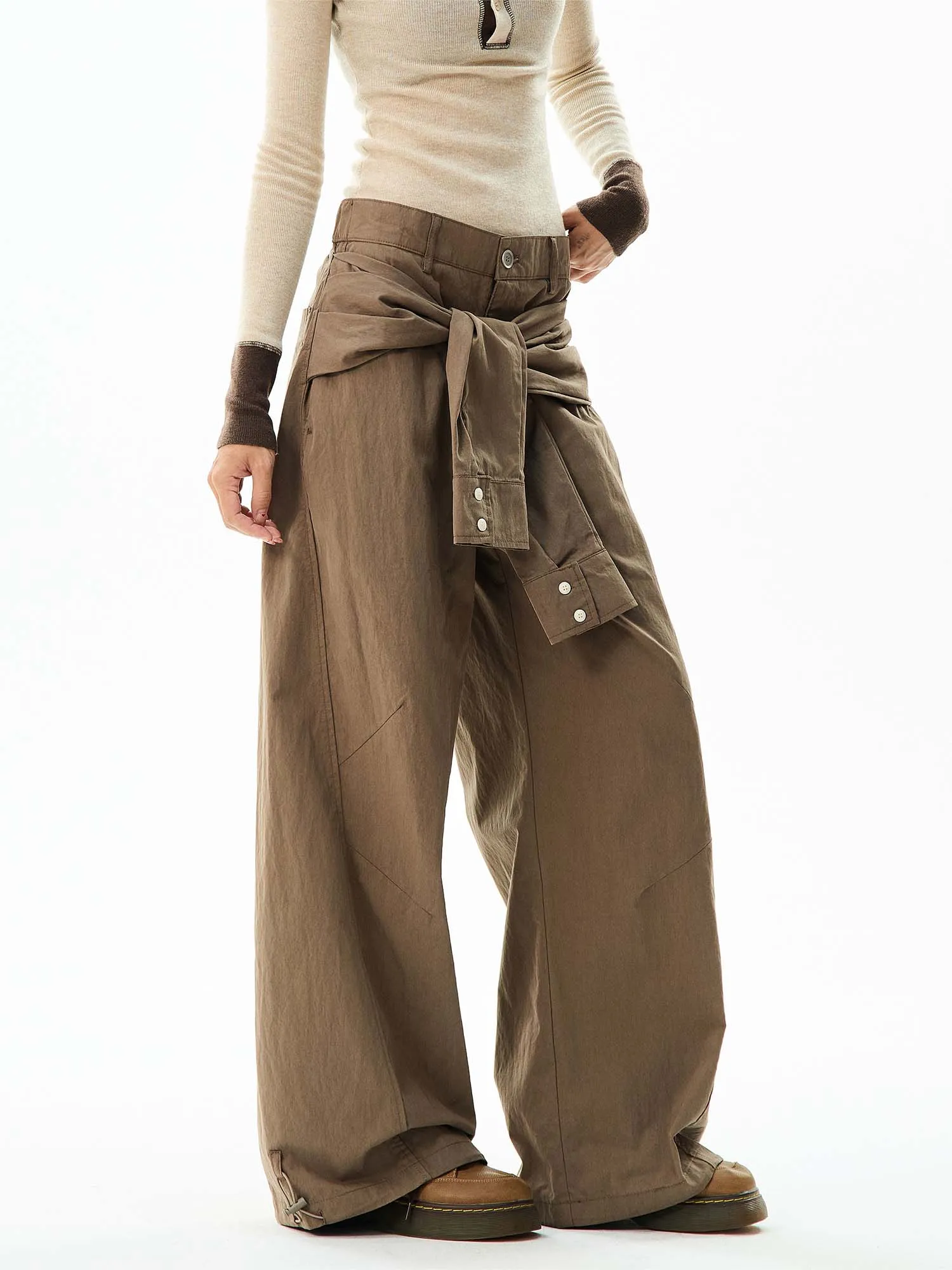 Wide-Leg Cargo Pants with Wraparound Belt Detail