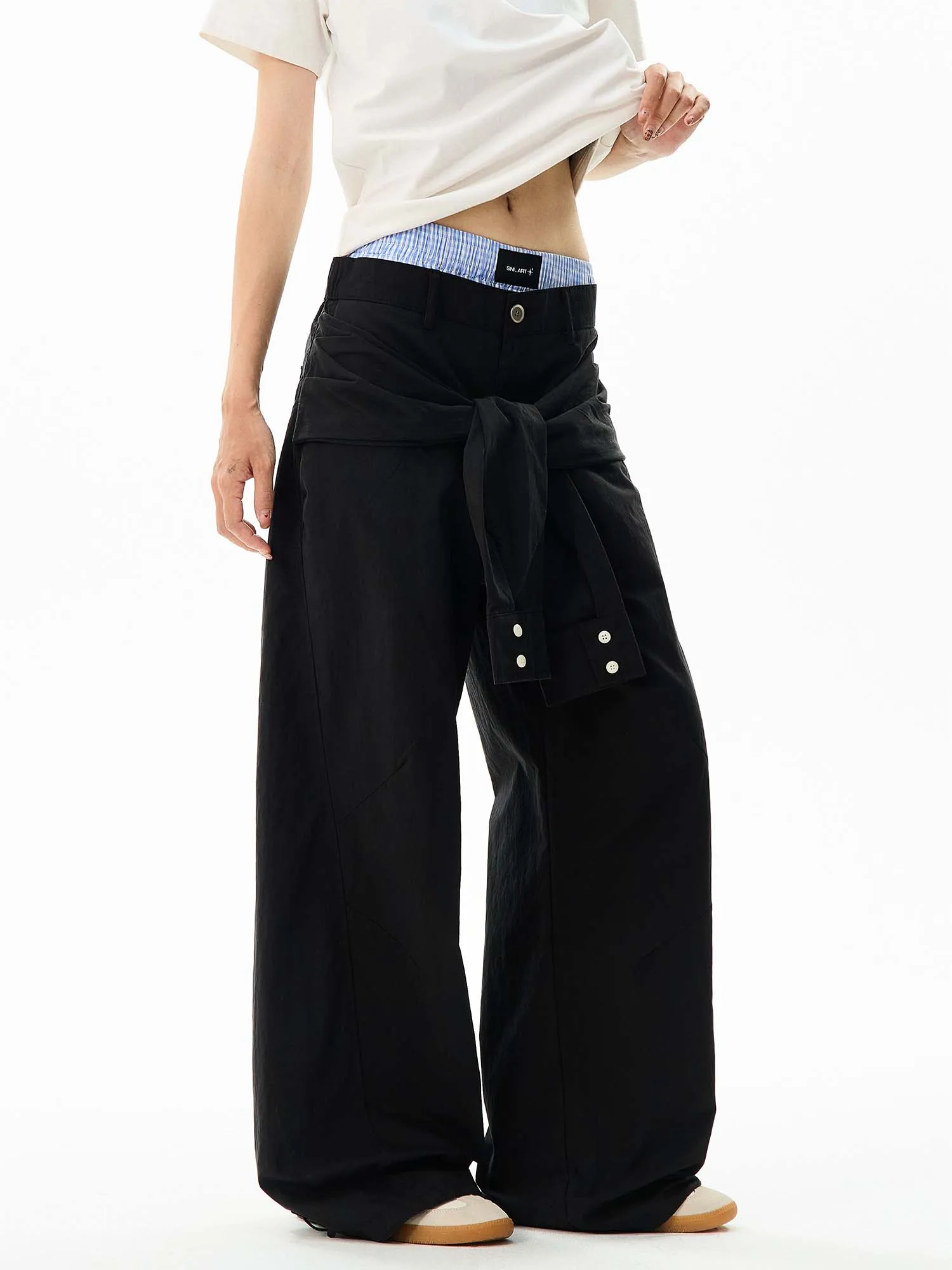 Wide-Leg Cargo Pants with Wraparound Belt Detail