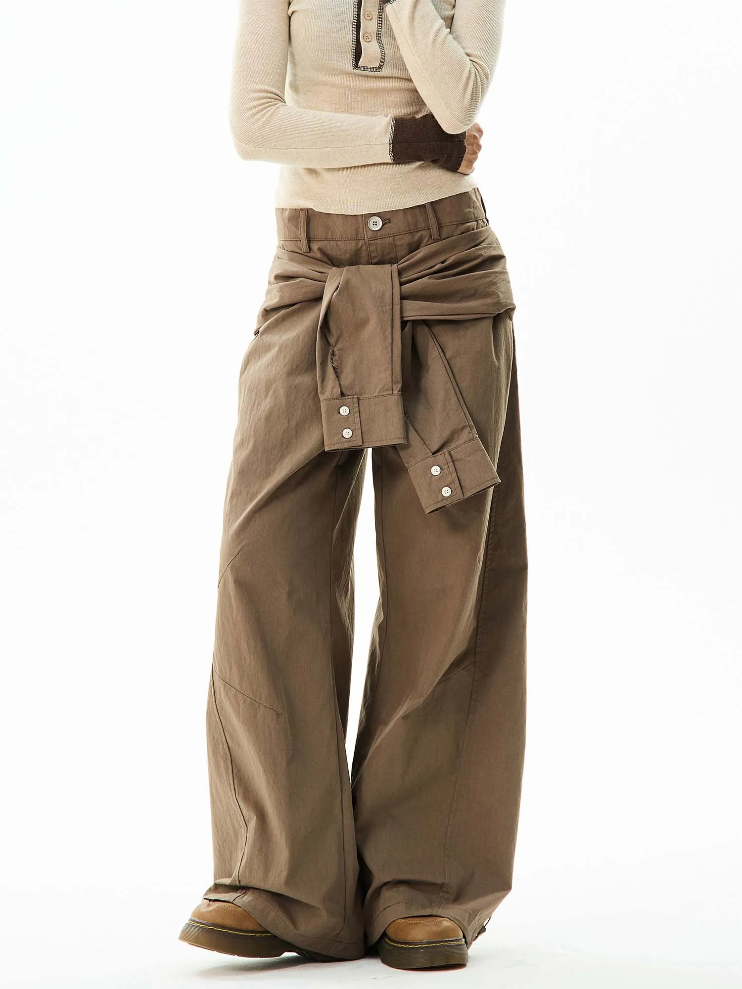 Wide-Leg Cargo Pants with Wraparound Belt Detail