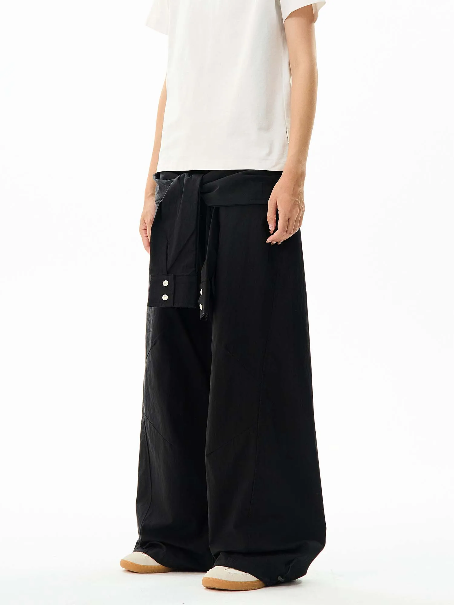 Wide-Leg Cargo Pants with Wraparound Belt Detail