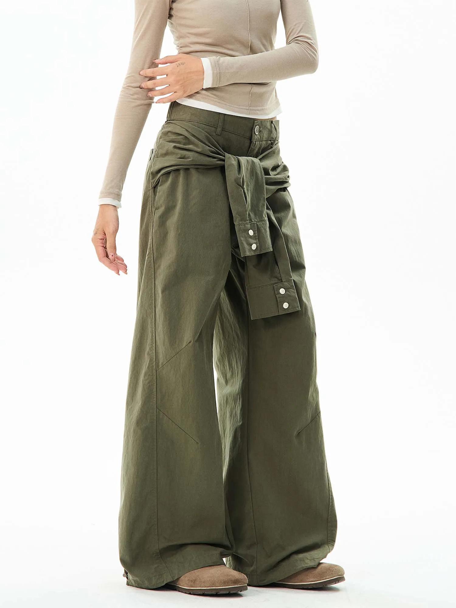 Wide-Leg Cargo Pants with Wraparound Belt Detail