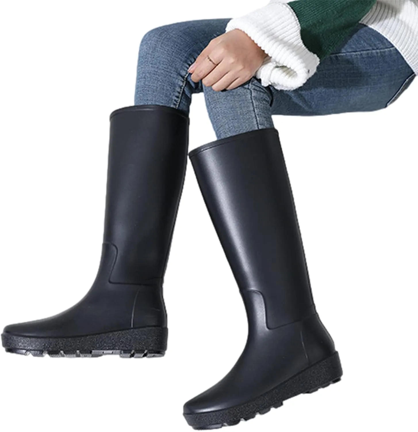 Women's Knee High Wedge Heel Waterproof Slip-On Rain Boots