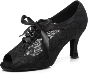 Women's Peep Toe Lace-up Ties Synthetic Ballroom Tango Party Wedding Practice Dance Shoes Black US 6