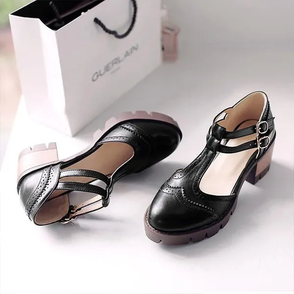 Women's Retro Carved T-Buckle Block Heel Shoes 60550148S