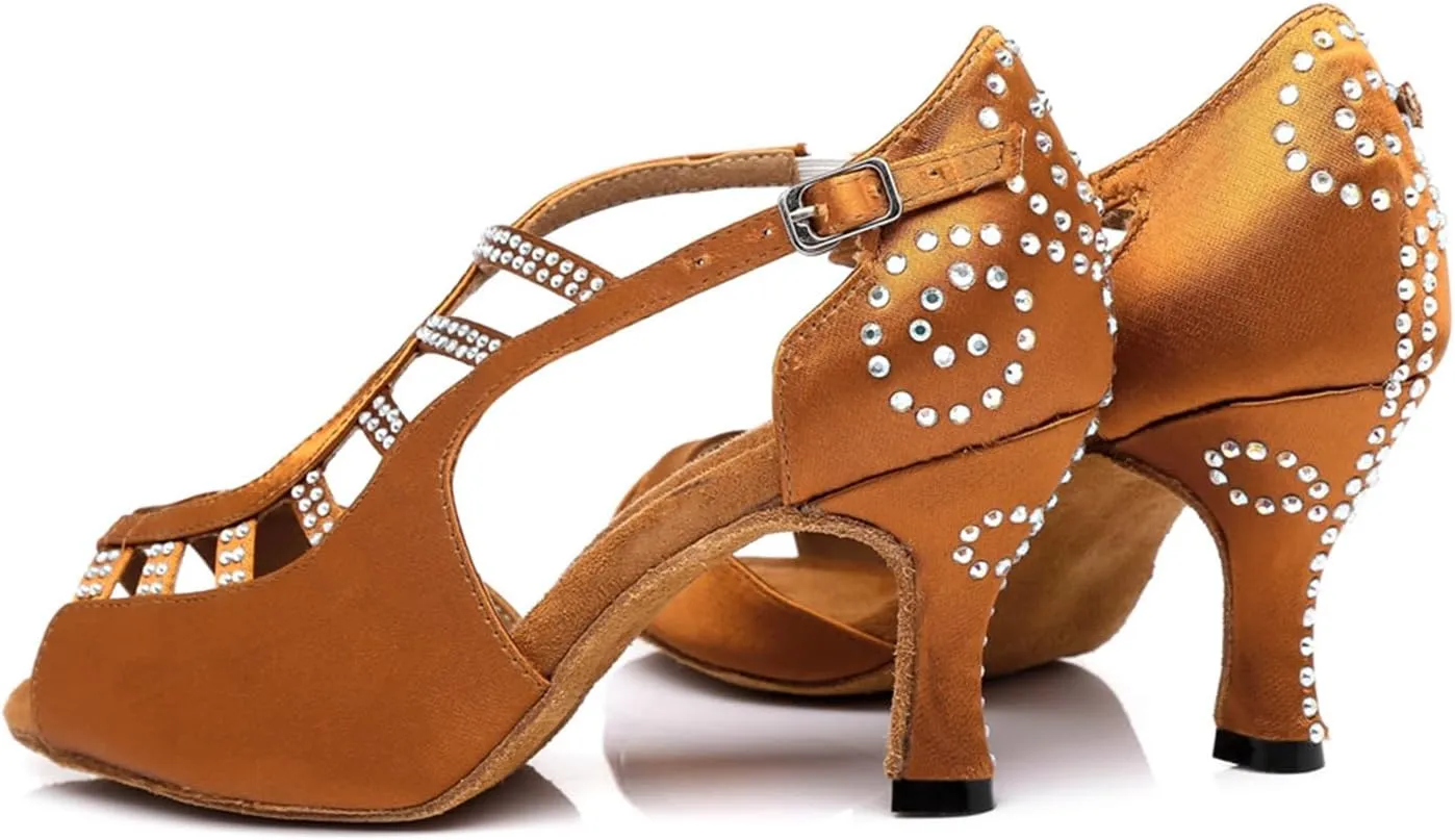 Women's Sparkle Rhinestones Peep Toe Satin Ballroom Modern Tango Party Wedding Performence Professional Dance Shoes