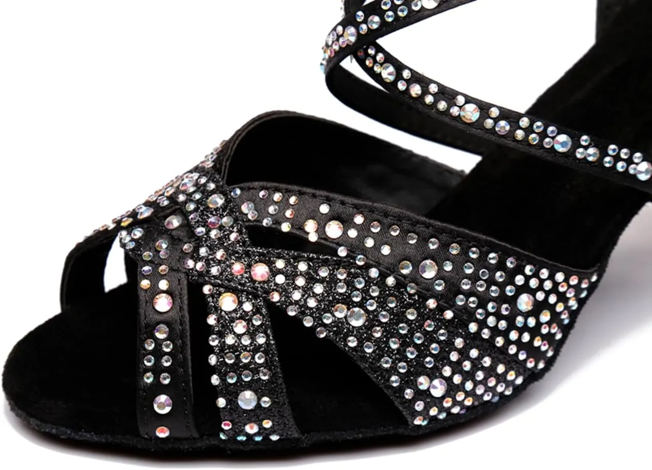 Women's Sparkle Rhinestones Peep Toe Satin Ballroom Modern Tango Party Wedding Performence Professional Dance Shoes