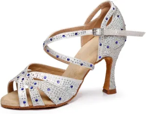 Women's Sparkle Rhinestones Peep Toe Satin Ballroom Modern Tango Party Wedding Performence Professional Dance Shoes
