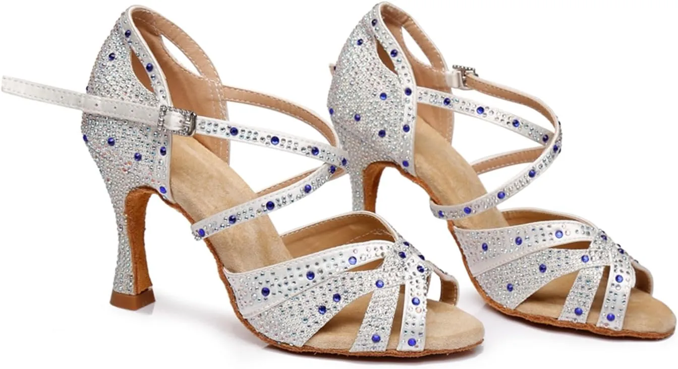 Women's Sparkle Rhinestones Peep Toe Satin Ballroom Modern Tango Party Wedding Performence Professional Dance Shoes